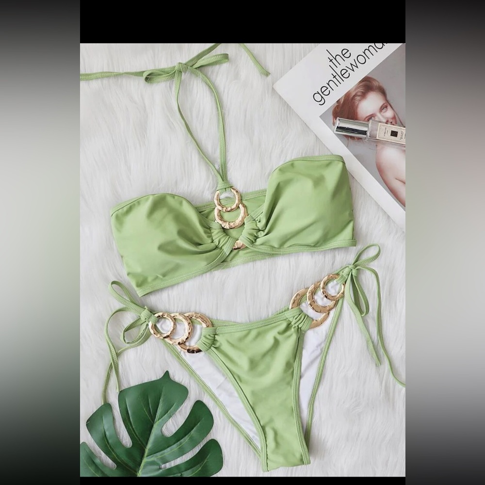 Green bandeau ring bikini set